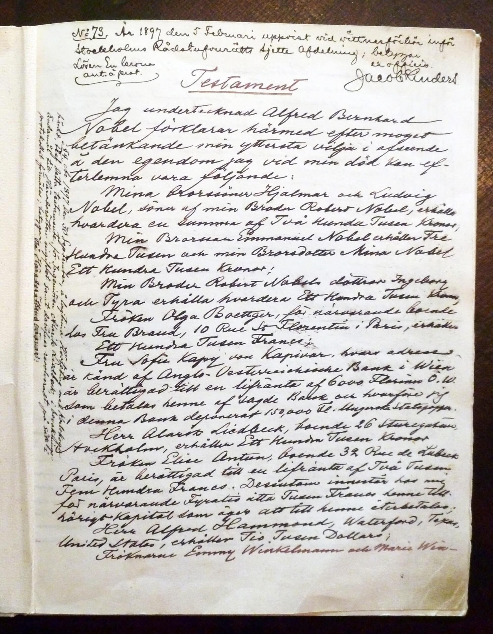 Alfred Nobel testament 1895 page 1 scaled