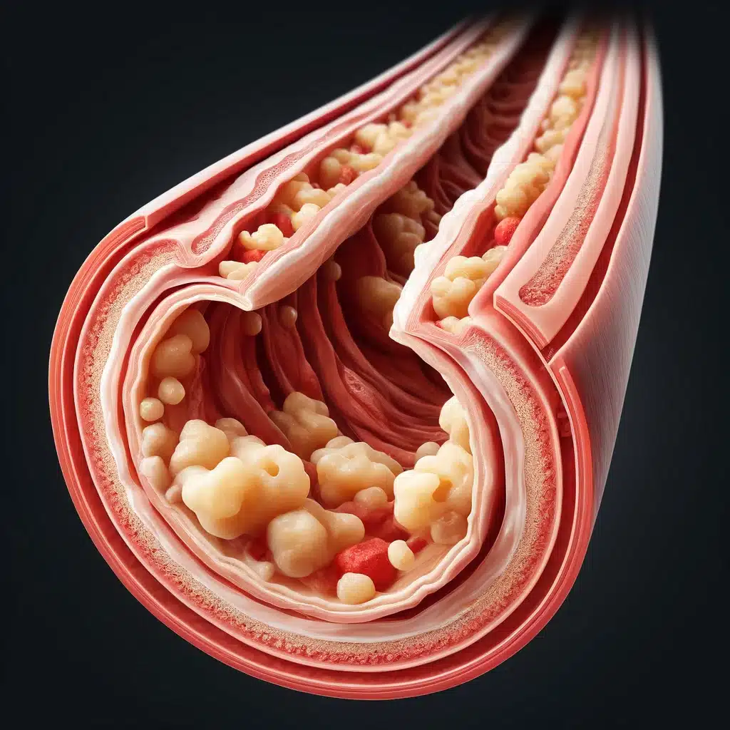 DALL·E 2024 05 03 11.55.32 A realistic illustration of a human artery obstructed by plaque showing the thickened artery walls and the narrowed interior filled with a build up o