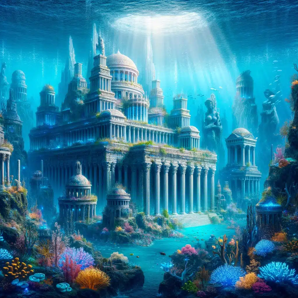 DALL·E 2024 05 10 13.40.23 A fantastical depiction of the lost city of Atlantis imagined as it might have looked in its prime. The city is submerged underwater with grandiose a