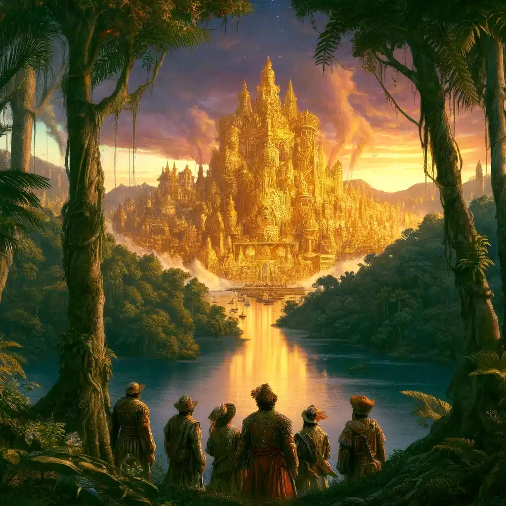DALL·E 2024 05 13 18.53.22 A fantastical scene depicting the legend of El Dorado a mythical city of gold in South America. The image shows a lush dense jungle with a golden s
