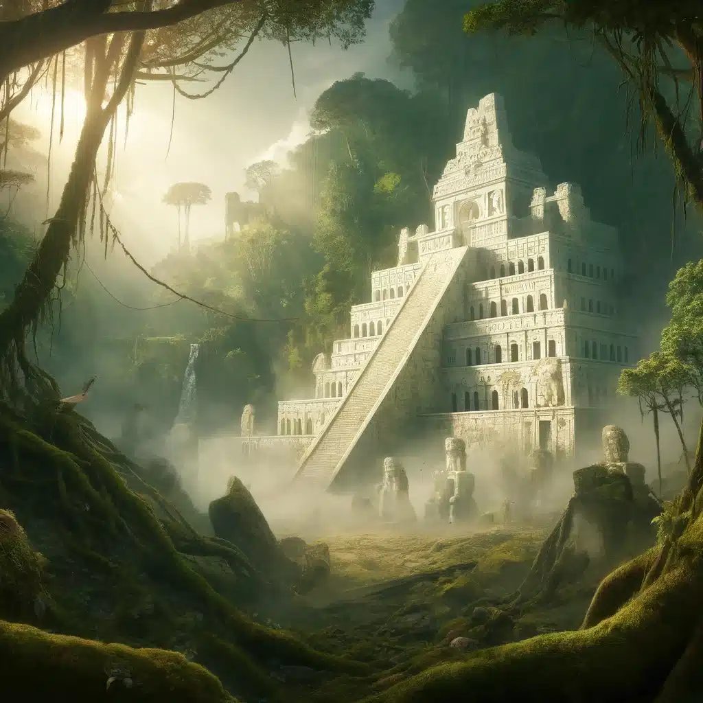 DALL·E 2024 05 13 18.54.24 A mystical depiction of La Ciudad Blanca or the White City rumored to exist in the rainforests of Honduras. The scene features an ancient city built