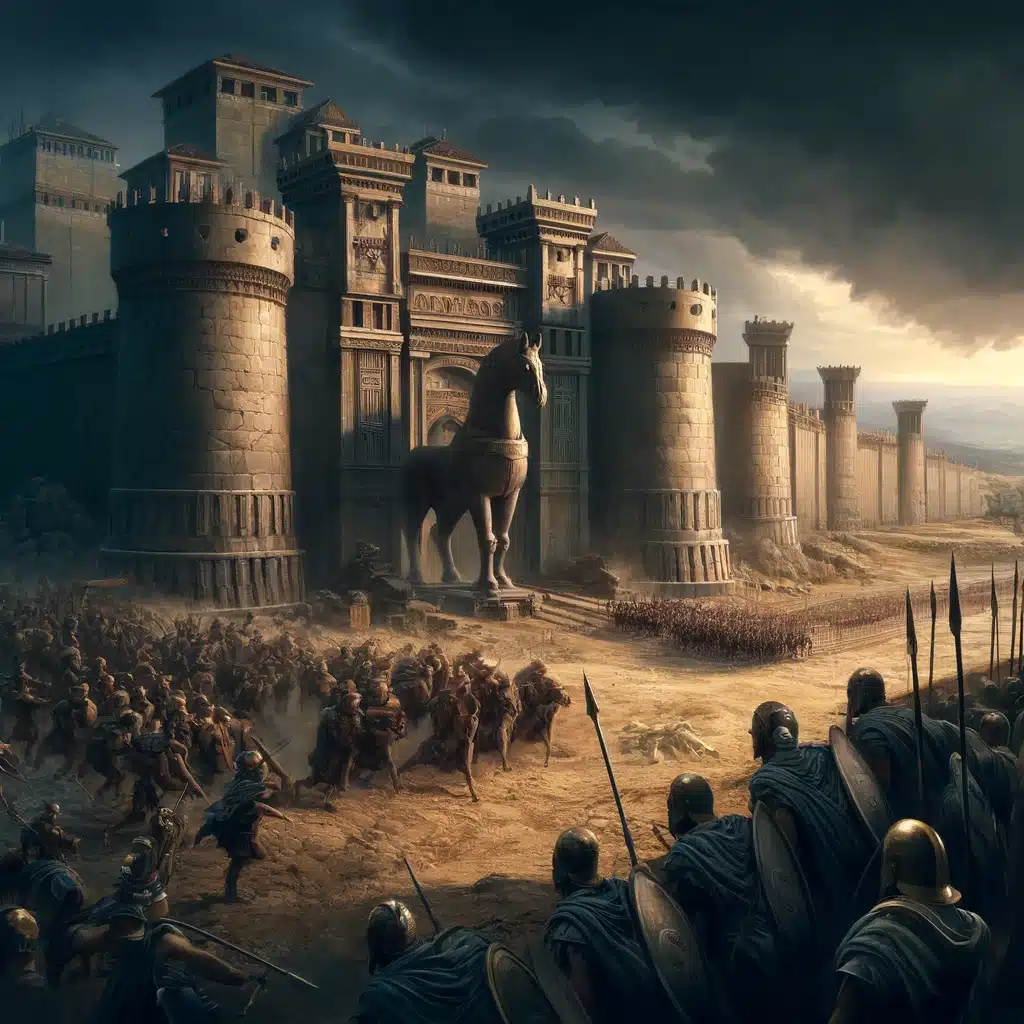 DALL·E 2024 05 13 18.55.16 A dramatic and historic depiction of the ancient city of Troy during the legendary Trojan War. The scene shows the massive walls of Troy standing stro