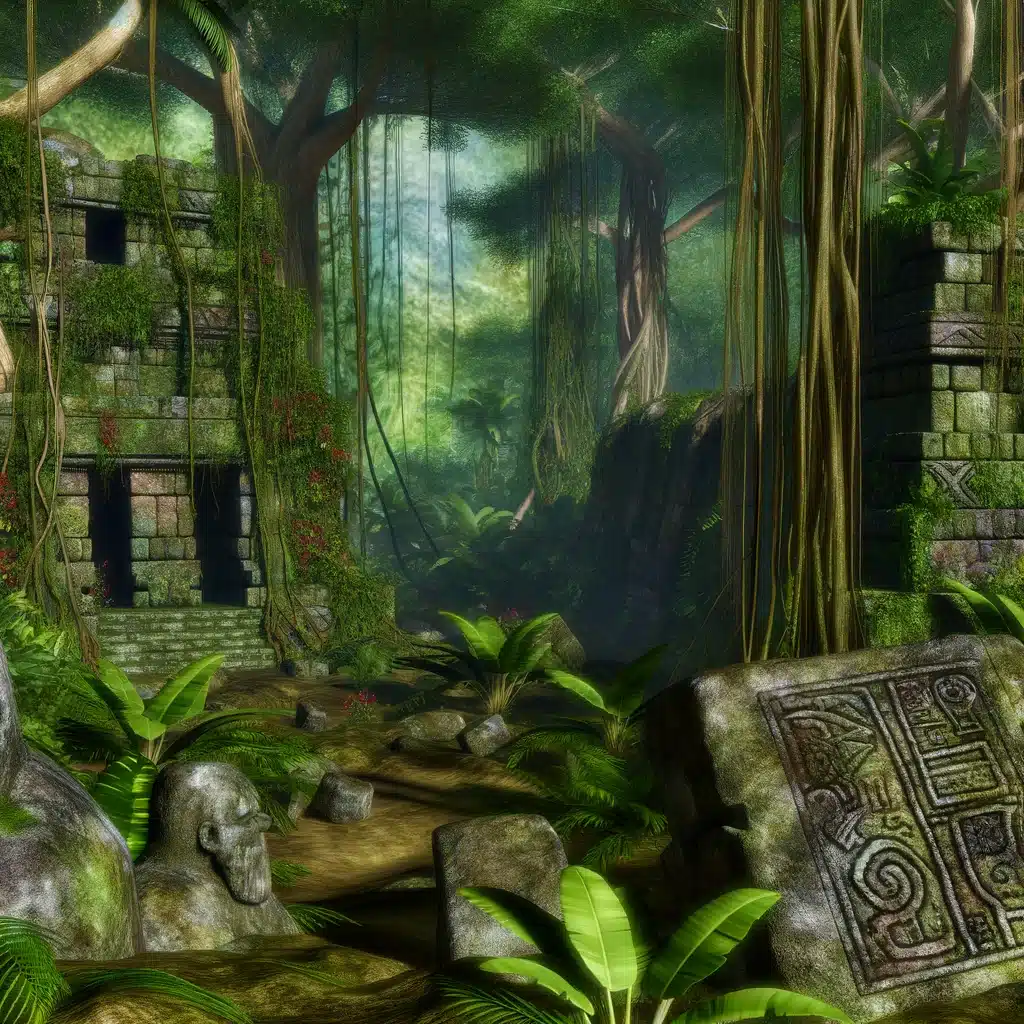 DALL·E 2024 05 13 18.57.21 An evocative depiction of Z a mythical lost city hidden deep in the Amazon rainforest. The scene reveals ancient stone ruins overgrown with dense j