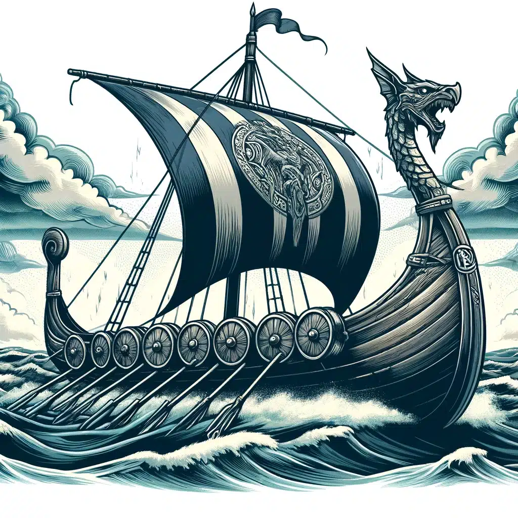 DALL·E 2024 05 23 13.38.36 Create an image of a Viking longship known as a drakkar. The ship should have a dragon headed prow wooden shields along the sides and a large sail