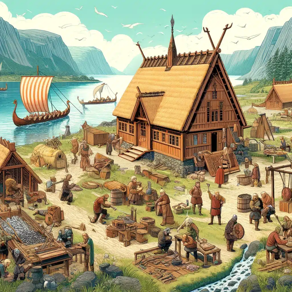 DALL·E 2024 05 23 13.39.32 Create an image of a Viking scene. Depict a Viking village with wooden houses and thatched roofs near a fjord. Include Vikings engaged in daily activi