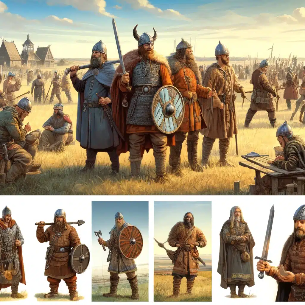 DALL·E 2024 05 23 13.40.50 Create an image of several Vikings. Include a mix of male and female Vikings dressed in traditional Norse clothing. Some should be warriors with helme