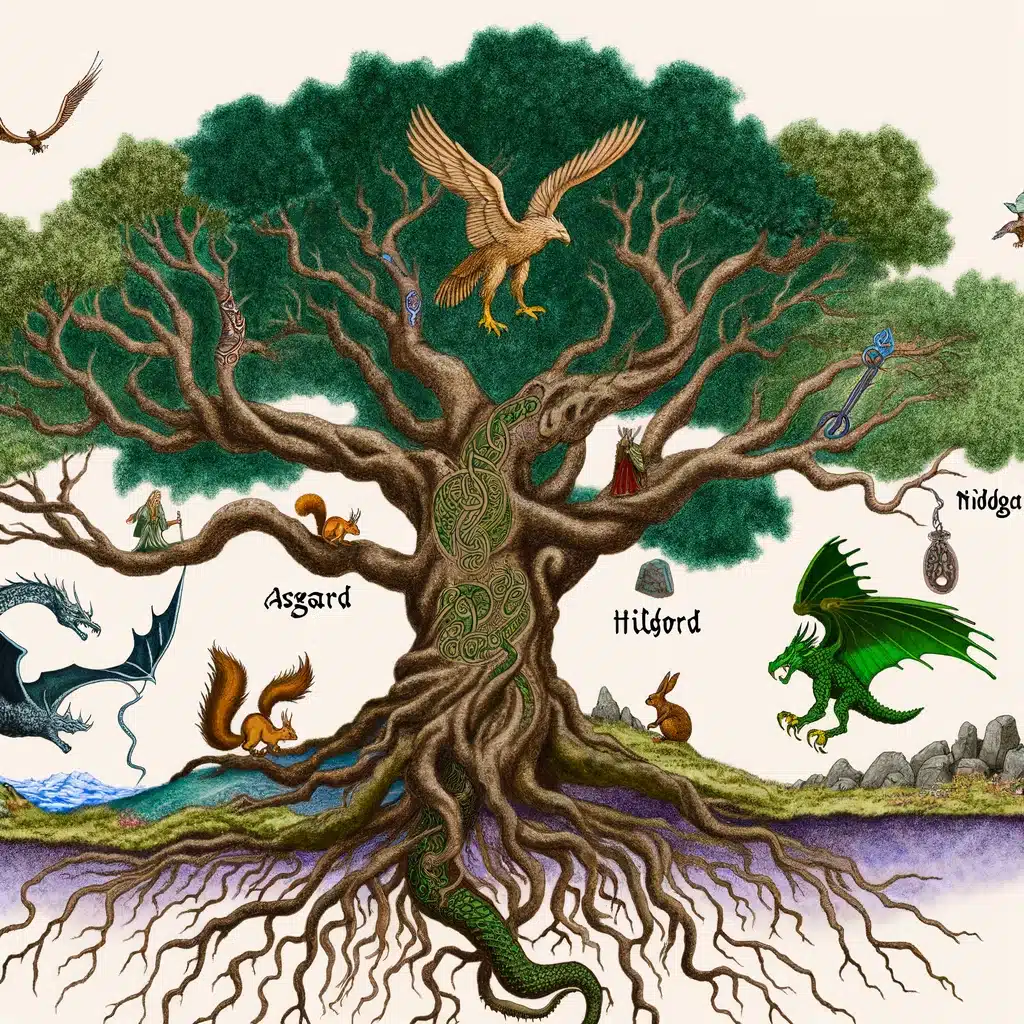 DALL·E 2024 05 23 13.43.08 Create an image of the Viking legend Yggdrasil. Depict the massive ash tree with its branches extending to the heavens and roots reaching into the und