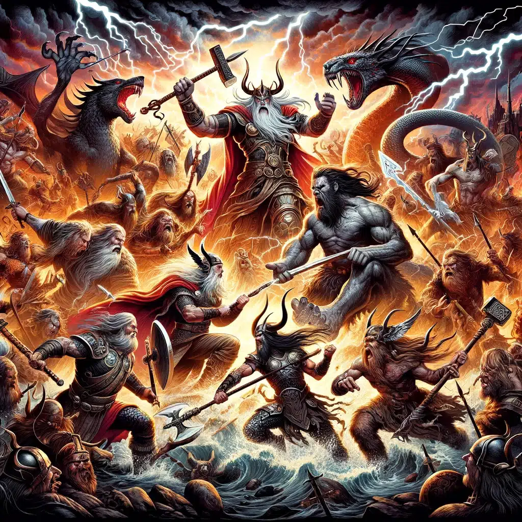DALL·E 2024 05 23 13.44.12 Create an image of the Viking legend Ragnarok. Depict the apocalyptic battle scene with gods and giants fighting. Include key figures such as Odin wit