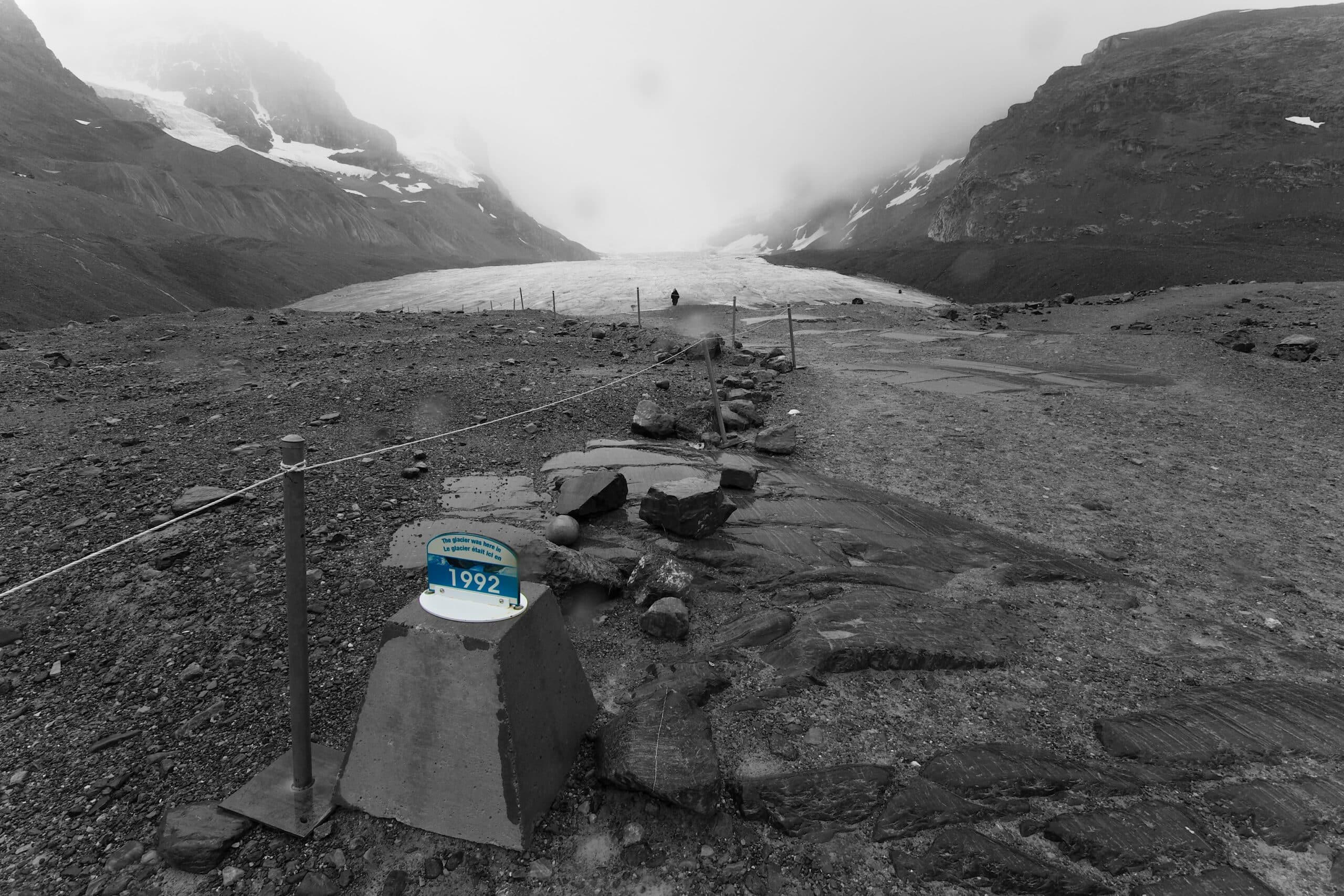 Athabasca Glacier retreat markers scaled
