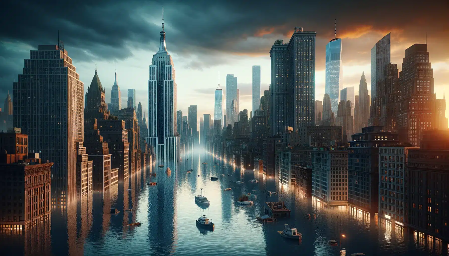 DALL·E 2024 04 26 11.54.24 A futuristic digital art illustration depicting the simulation of rising sea levels in New York City. The scene shows iconic skyscrapers like the Empi