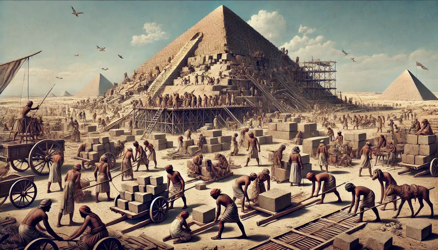 DALL·E 2024 07 31 12.33.02 A detailed scene of the construction of the Great Pyramid of Giza in ancient Egypt. The image shows a bustling construction site with workers in ancie